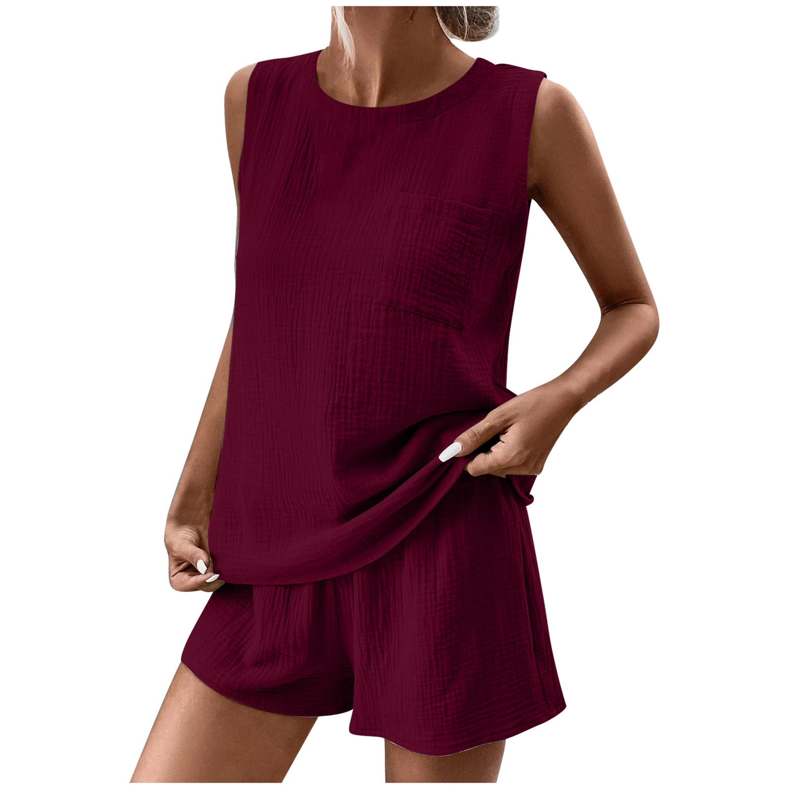 thumbnail image 3 of Conjunto de camiseta sin mangas con cuello redondo y bolsillos y pantalones cortos para mujer - Ropa informal de tejido suave, 3 of 8